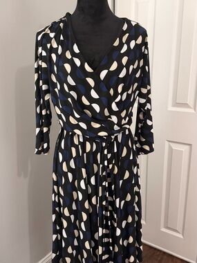 Black Wrap Midi Dress with Blue and Cream Geometric Print